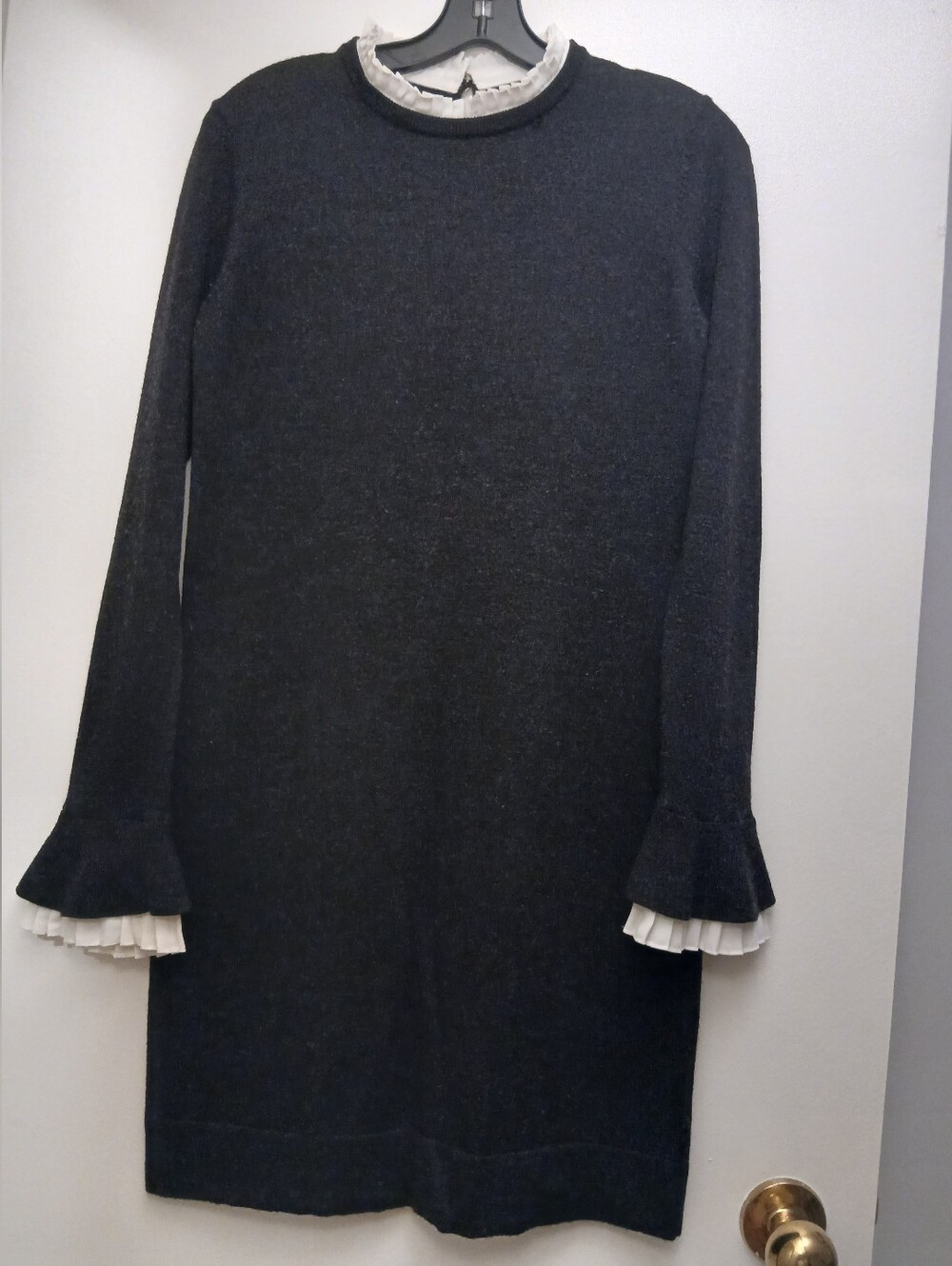 Club Monaco WOOL  Black Long Sleeve Dress with White Ruffle Trim